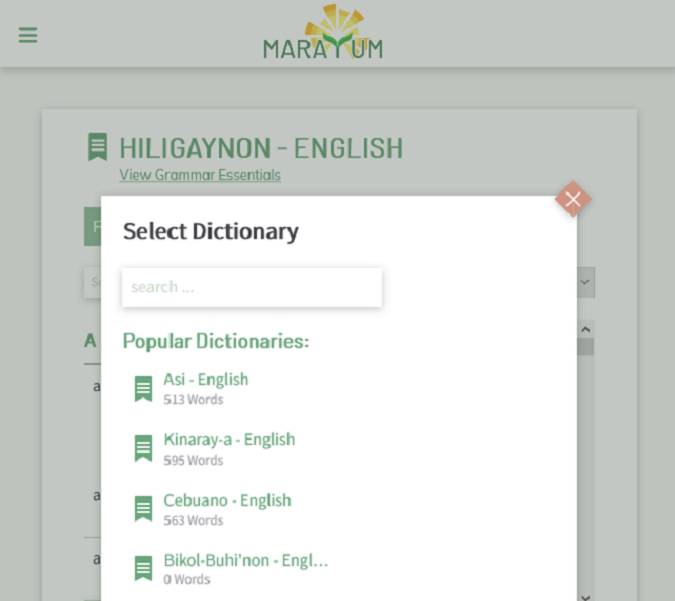 Screenshot of Marayum website at the Hiligaynon-English dictionary page and showing a popup for selecting a dictionary